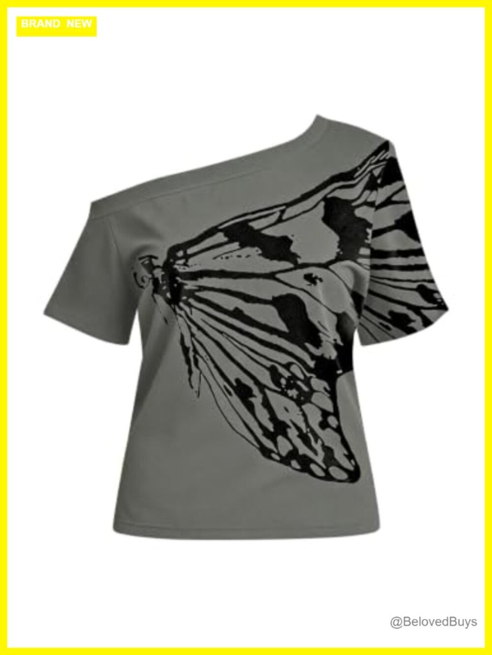 Off Shoulder Butterfly Graphic Tee Asymmetrical Y2k Grunge Top